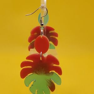 Teal and coral leaf dangle earrings
